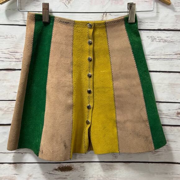 Vintage Suede Skirt Hippy Mod Scooter GoGo Leather 70s Micro Mini Patchwork XS 0 - Picture 2 of 11